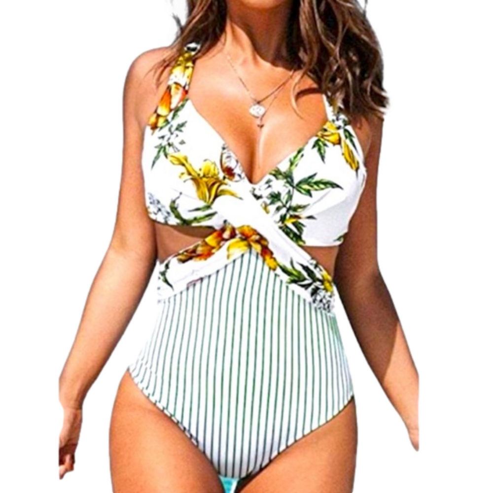 Cupshe Floral  Striped Swimsuit Size Medium monokini size Medium